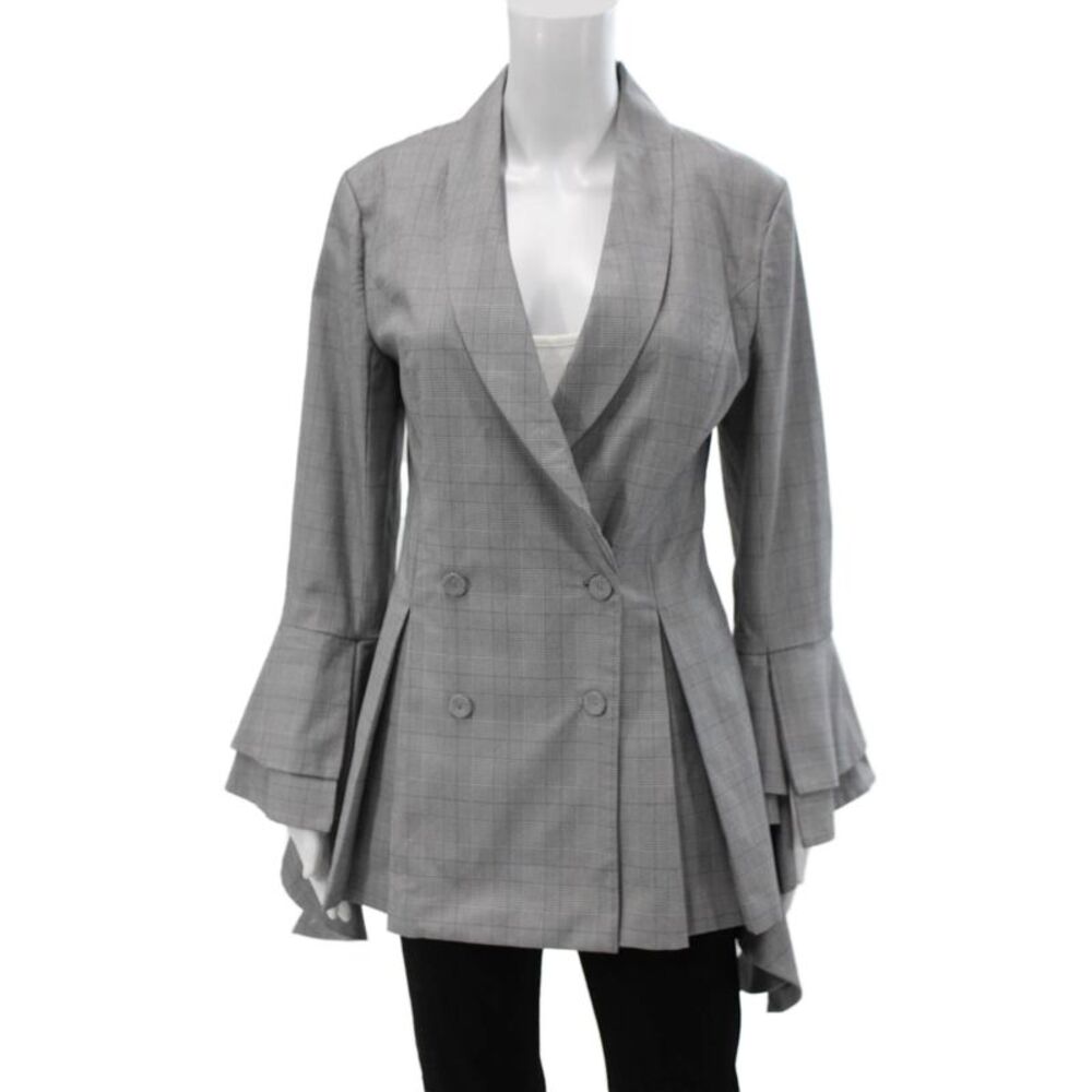 C/MEO Collective Womens Plaid Cotton Blazer Gray Button Long Sleeve Size M